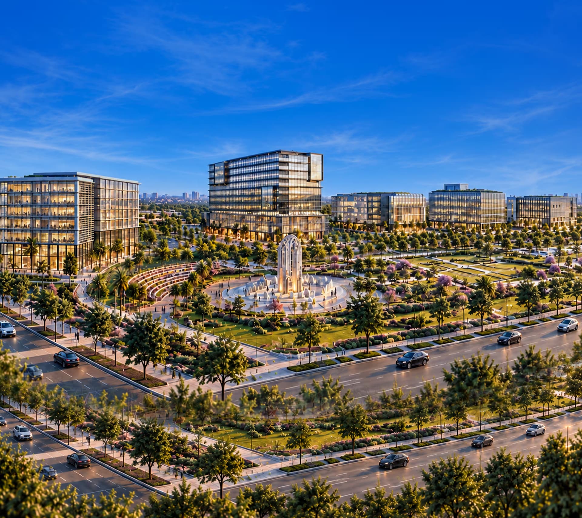 Aerial rendering of CBD Bab District's diplomacy gateway development.