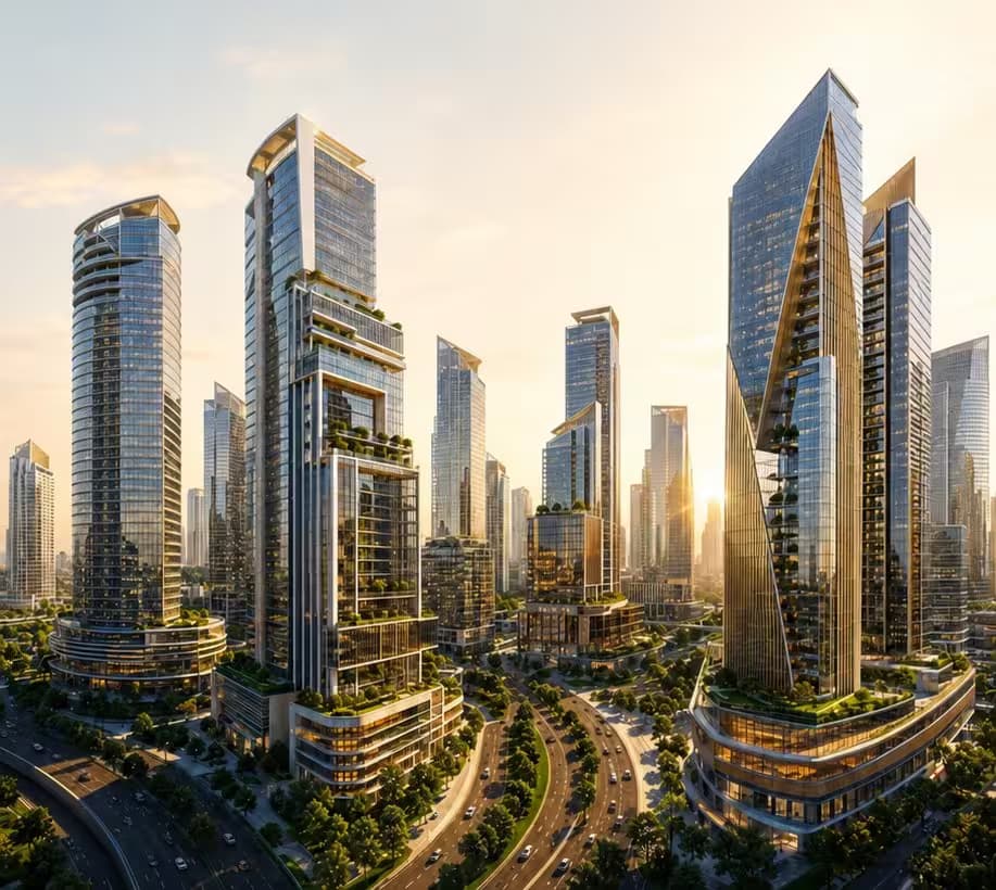 Skyline rendering of Quaid District's mixed-use commercial towers.
