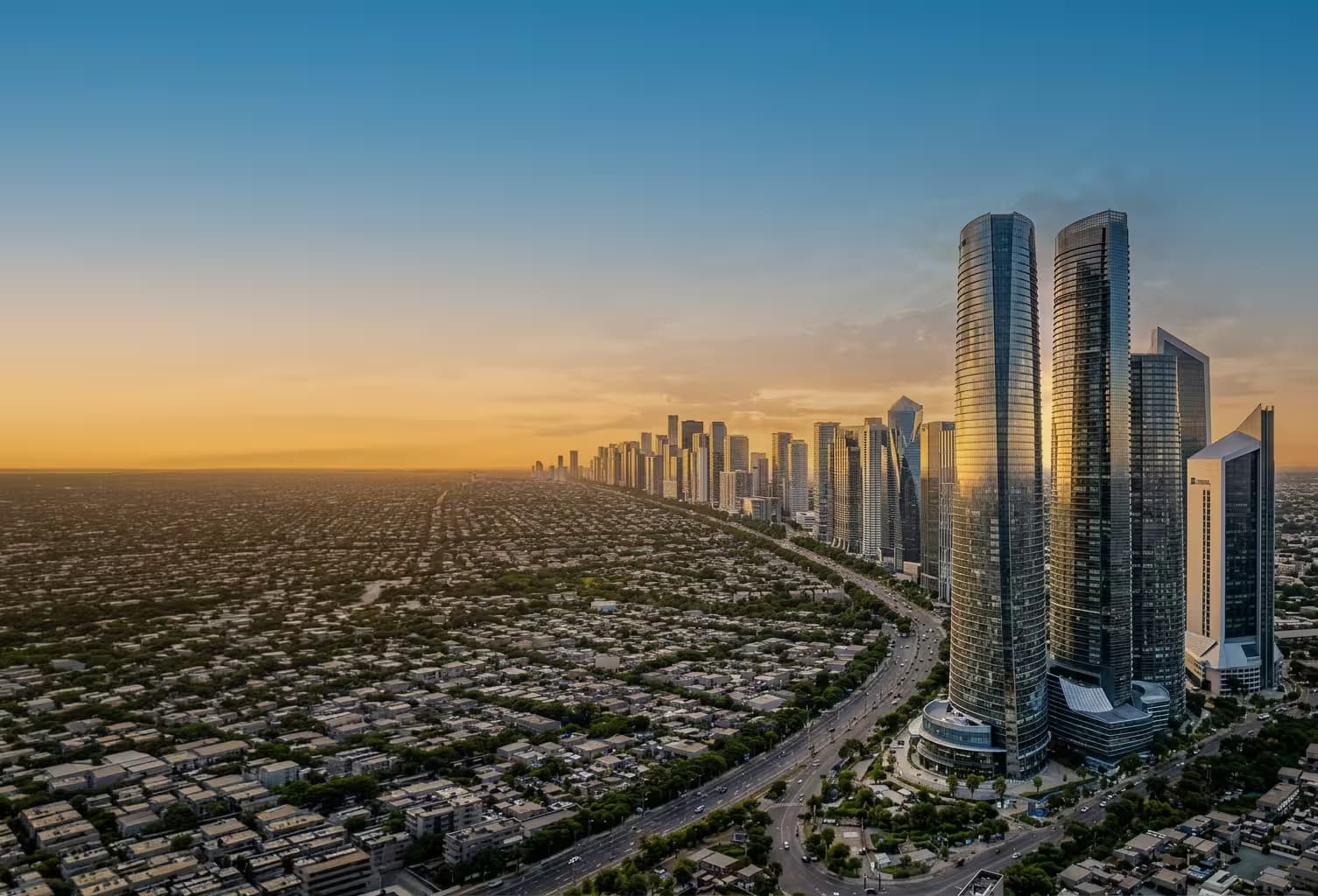 Aerial rendering of Quaid District's smart-grid urban core.