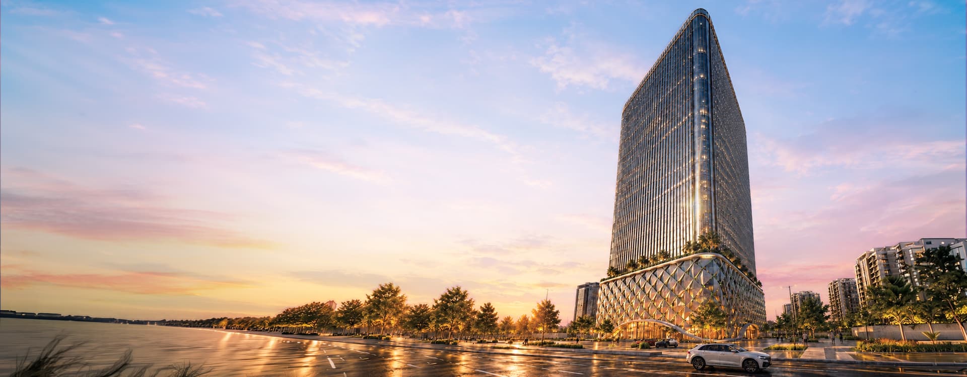 Celestia IT & Office Tower at sunset within NSIT City.
