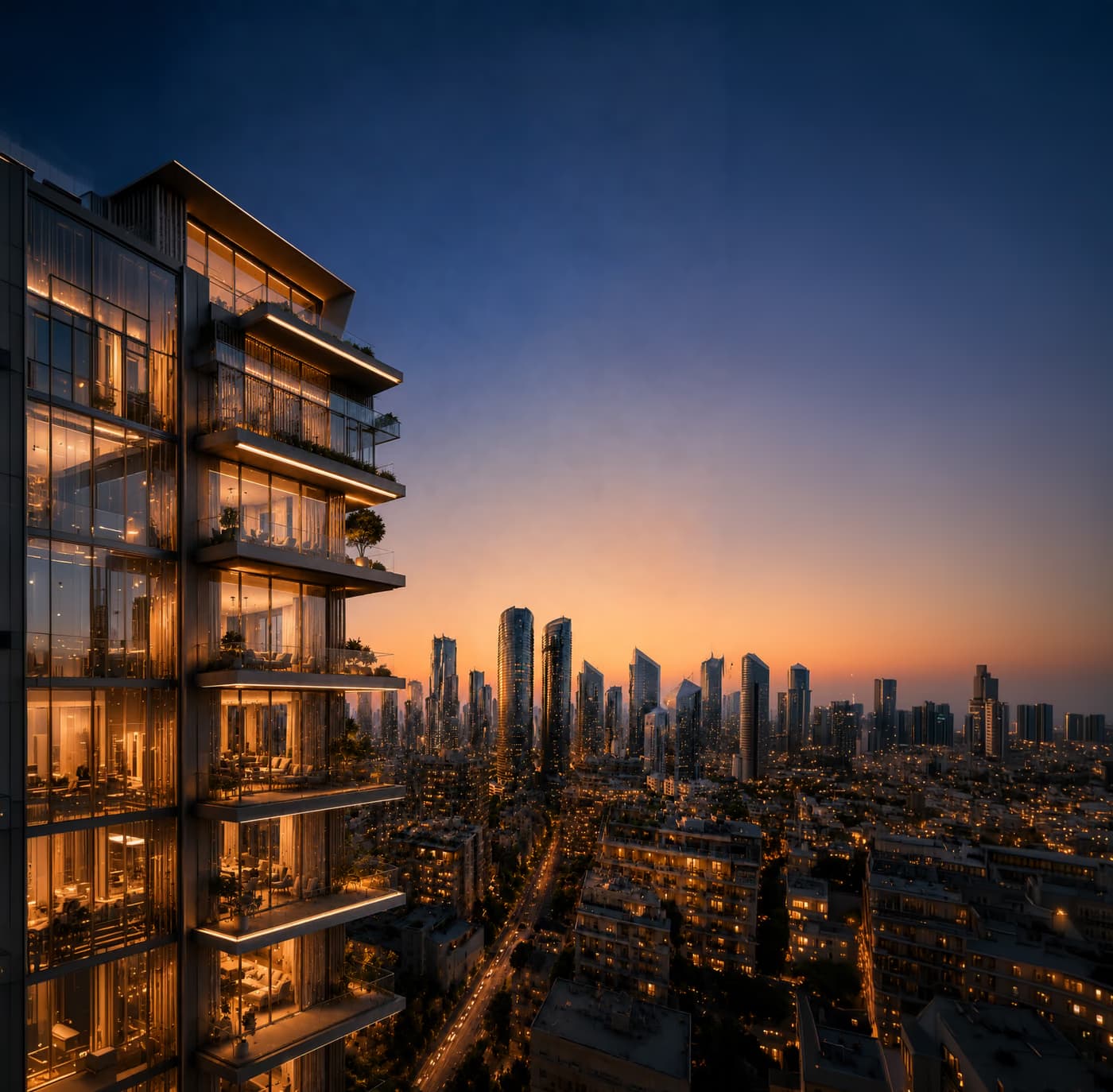 Balcony rendering of CBD Residencia at dusk with the city skyline beyond.