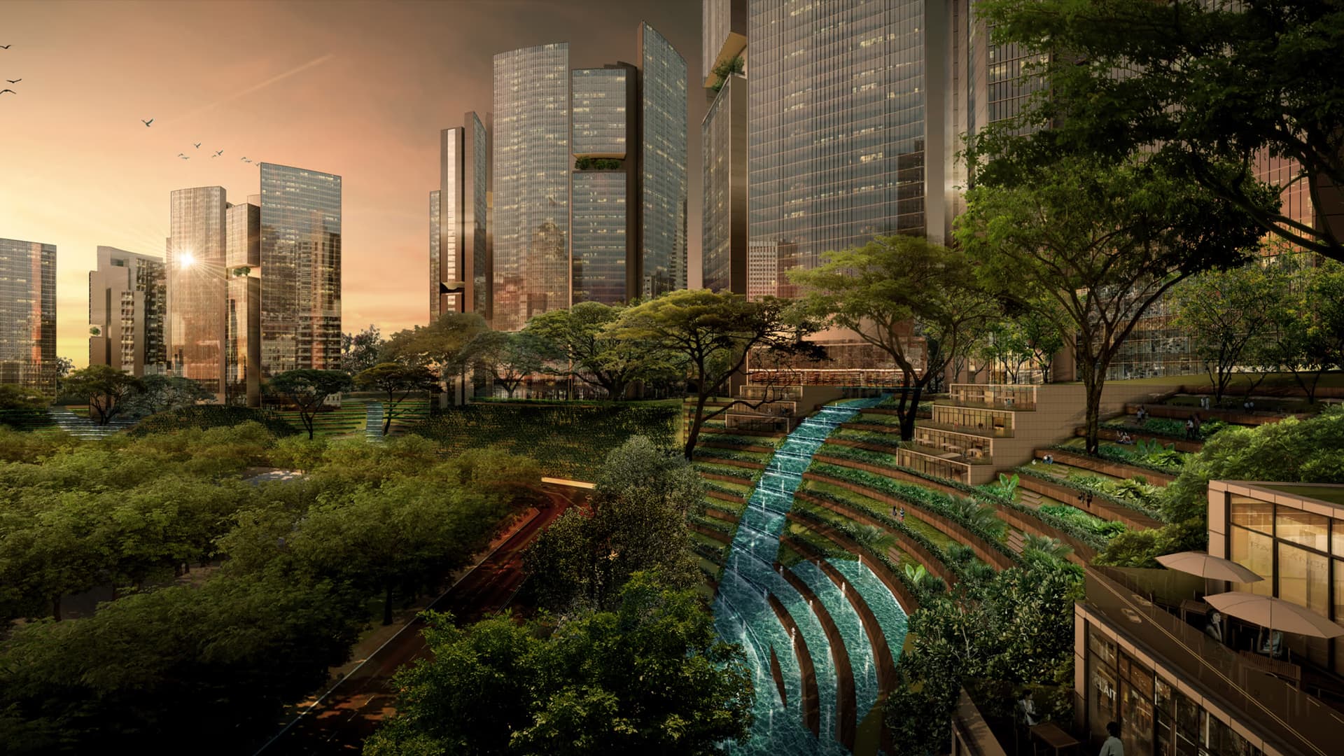 Skyline rendering of Quaid District's residential towers with terraced water gardens.