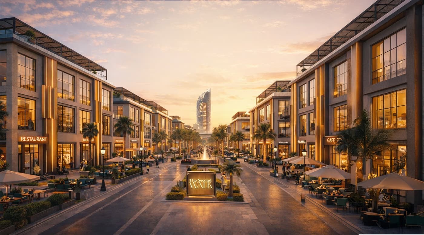 Rendering of The Second Walk retail street at dusk.